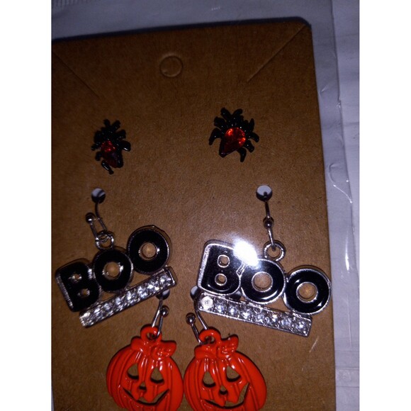 Halloween Earrings Set of 3 Spiders Boo Jack-o-Lanterns Studs Dangle Rhinestones - Picture 3 of 5